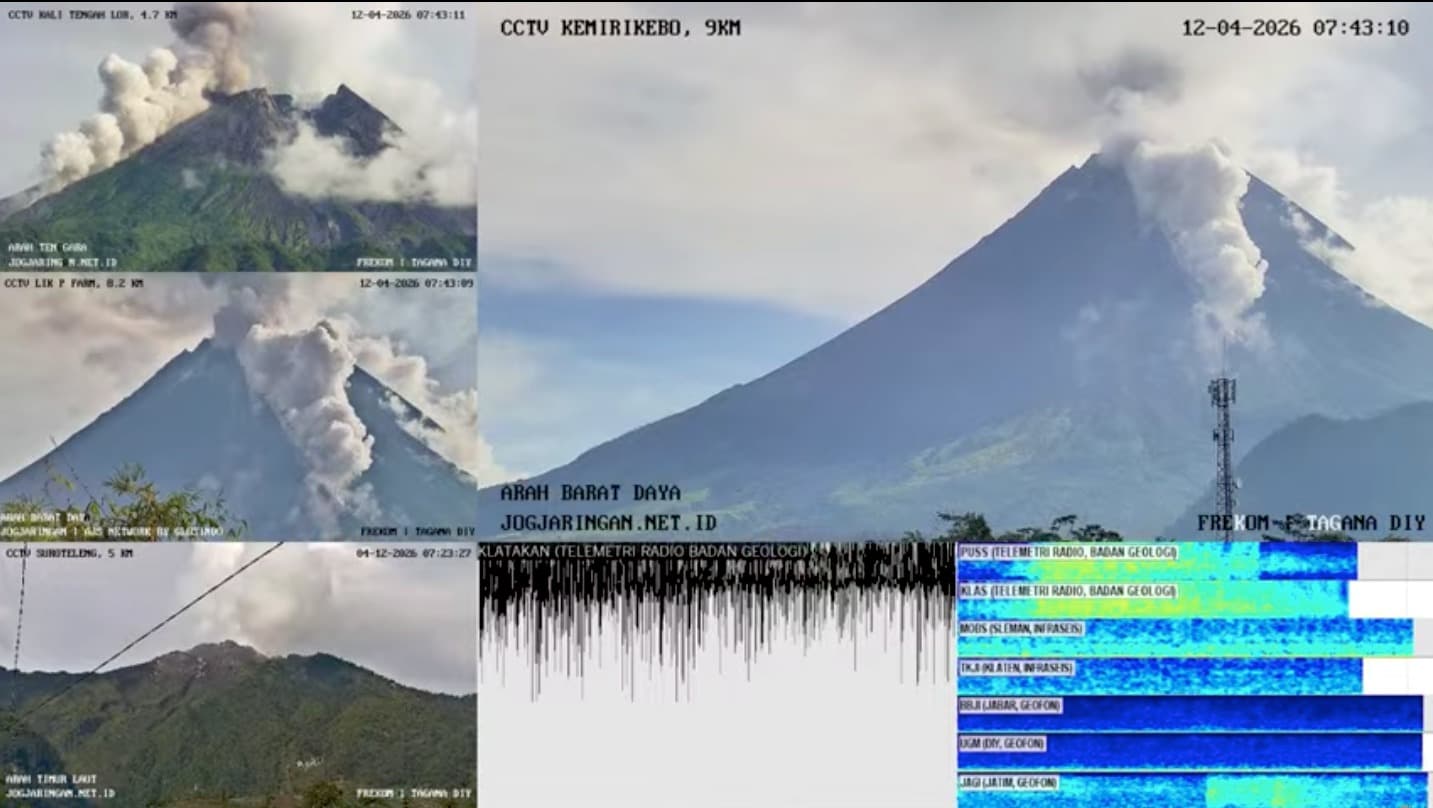 Gunung Merapi kembali meluncurkan awan panas guguran hingga 2 kilometer ke arah Kali Boyong, Minggu (12/4/2026) pagi, BPPTKG minta warga tetap waspada. (dok. CCTV Induk Frekom 86)