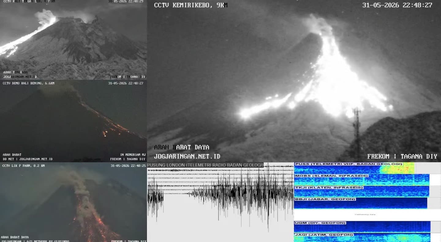 Gunung Merapi kembali mengeluarkan awan panas guguran pada Minggu (31/5/2026) malam. BPPTKG mencatat luncuran sejauh 1 kilometer ke arah hulu Kali Krasak dan mengimbau masyarakat menjauhi daerah potensi bahaya. (dok. BPPTKG)